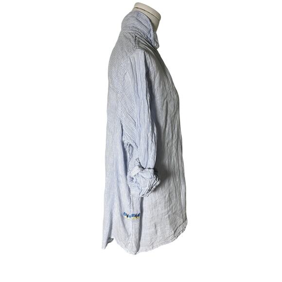 Sigrid Olsen 2X Linen Button Down Blue White Stripe Repair Butterfly Embroidery - Picture 3 of 9